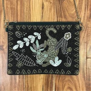 Hand Beaded Embroidered Purse With Chain Strap Black Animal Jungle Print New